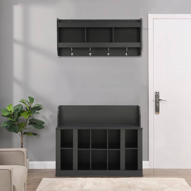 Modern Minimalist Storage Bench with Wall-Mounted Coat Rack - Black