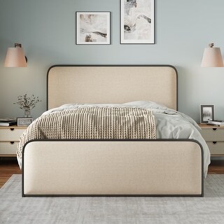 Queen Size Platform Bed with Beige Curved Upholstered Headboard and Footboard, Metal Slats Bed Frame with Storage Underneath