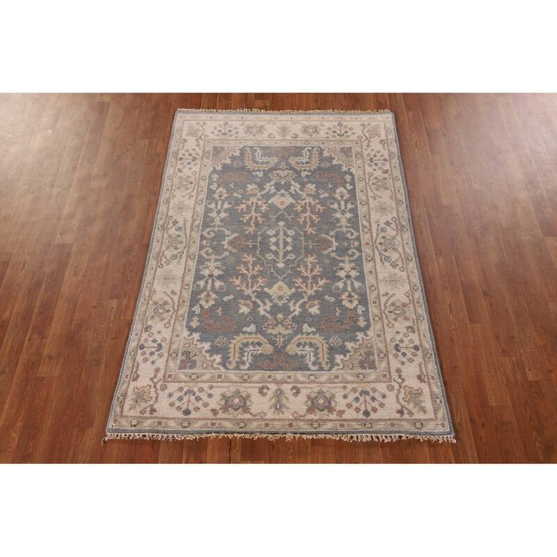 Geometric Oushak Oriental Area Rug Hand-Knotted Wool Carpet - 3'11"x 5'10"