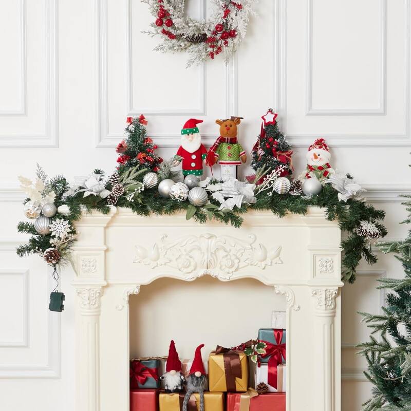 6Ft Christmas Garland with Lights Silver Ball Ornaments Pine Cones Ribbon Bows - N/A