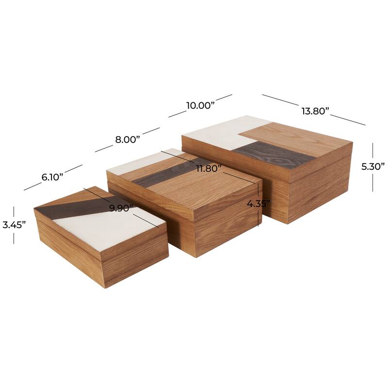 Brown Wooden Geometric Decorative Box with Cream and Dark Brown Stripes (Set of 3)