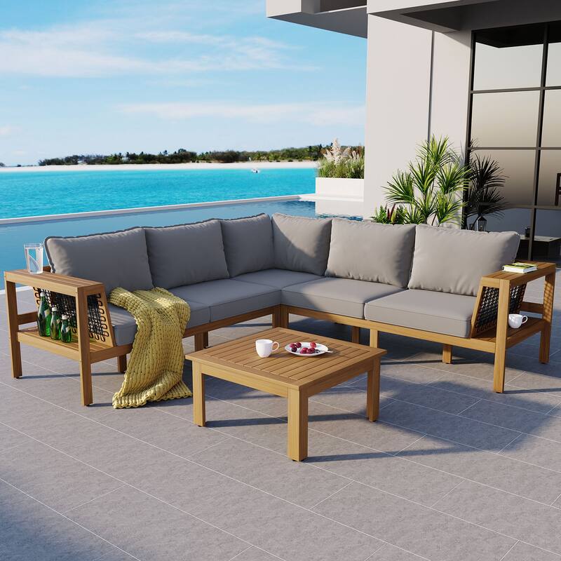 4-Piece Acacia Wood Outdoor Sectional Sofa Set with Mesh Armrests and Cushions, Coffee Table and Side Table