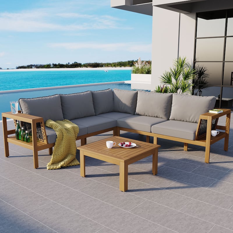 Roomfitters 4-Piece Outdoor Sectional Sofa Set with Coffee Table and Built-in Side Shelves, Wood Frame