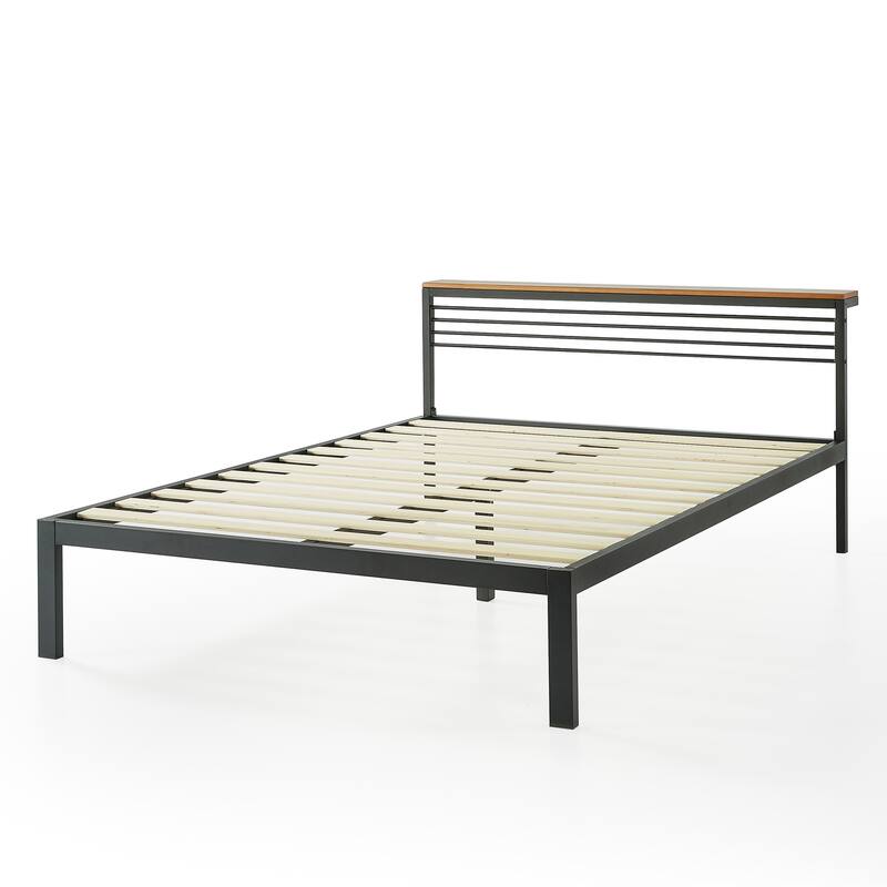 HYLLE Metal Platform Bed w/ Solid Pine Headboard Shelf
