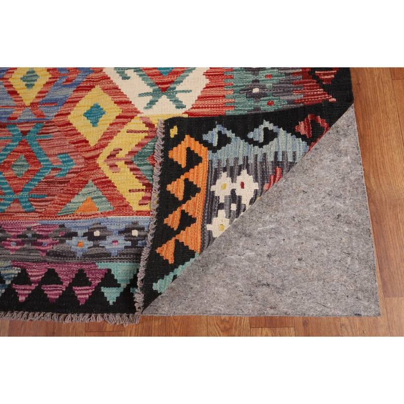 Multi-Color Geometric Kilim Area Rug Flatweave Wool Carpet - 8'5" x 9'6"