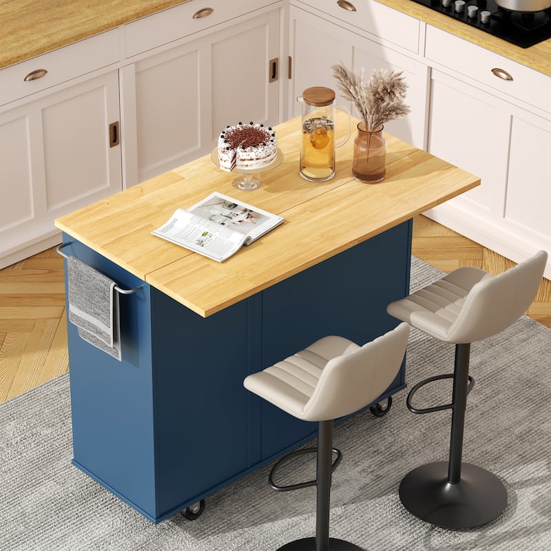 Rolling Kitchen Island with Storage Cabinet & 3 Drawers – Mobile Storage Cart with Extendable Countertop for Small Spaces