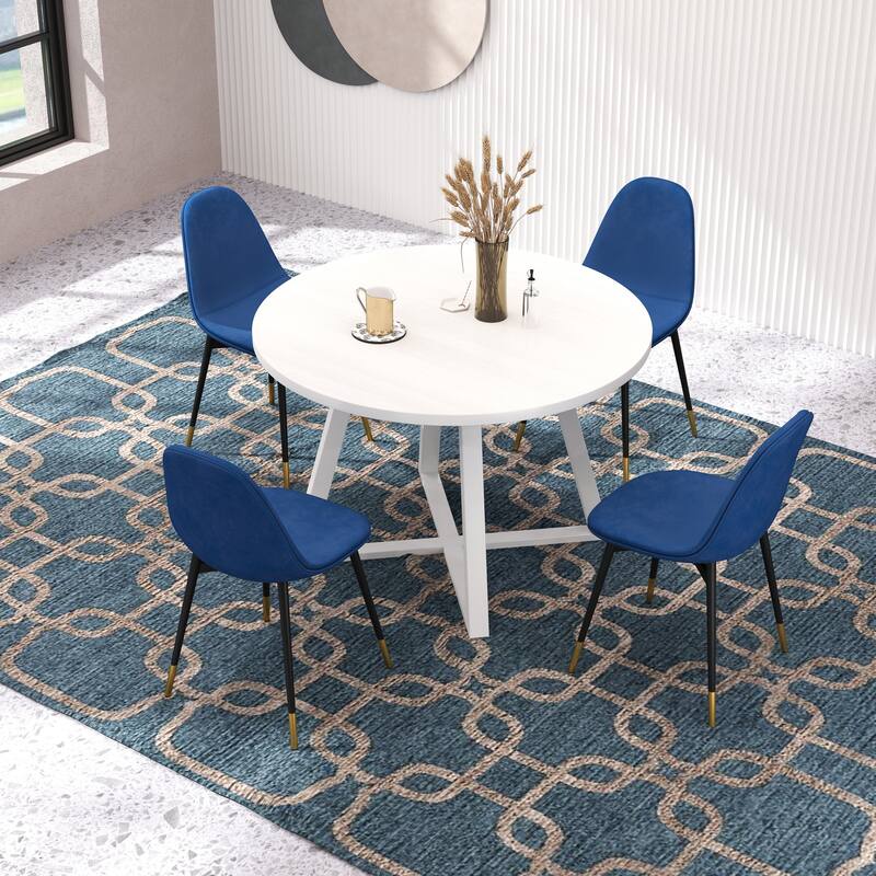 Elegant 5-Piece Round Dining Set with Trestle Base Table and Plush Velvet Chairs for a Stylish Modern Dining Room - Blue