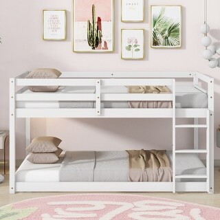 Solid Rubber Wooden Twin over Twin Loft Bed with Ladder, with Bed Platform of Strengthened Slats, White