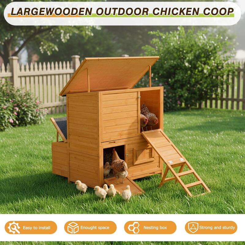 Chicken Coop, Double-House Wooden Chicken Coop For 6-8 Chickens With 3 Nesting Boxes And 2 Pull-Out Trays, A Foldable Ramp