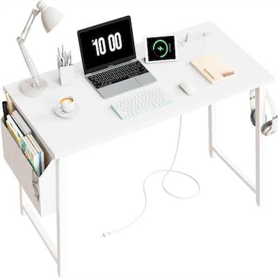 39 inch White Computer Desk with Power Outlet