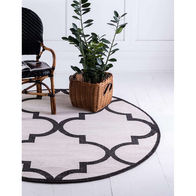 Contemporary Akiva Collection Area Rug - 3'3" Round - Beige-Black