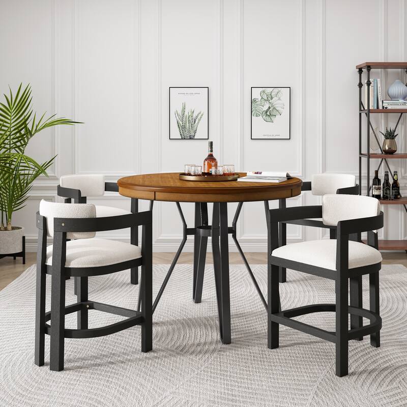 Netia 5-Piece Counter-Height Bar Set with Boucle Upholstered Chairs and Metal Table Base by Christopher Knight Home - Beige+Black+Light Ash