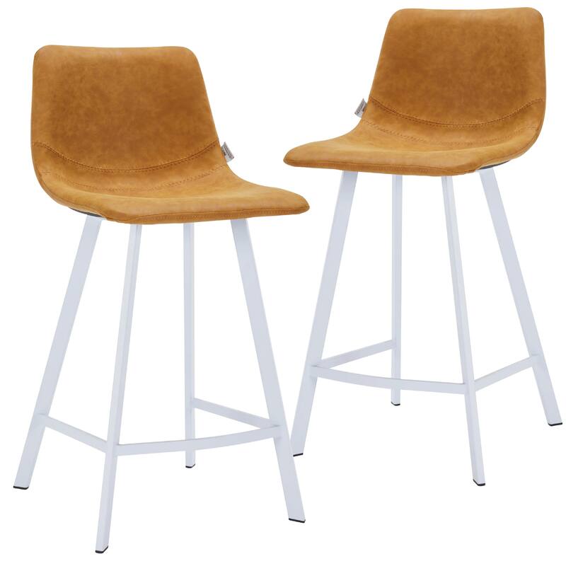 Elland Leather Bar Stool - Modern Counter Height Stool with White Stainless Steel Legs for Kitchen Island or Home Bar Set of 2 - Light Brown