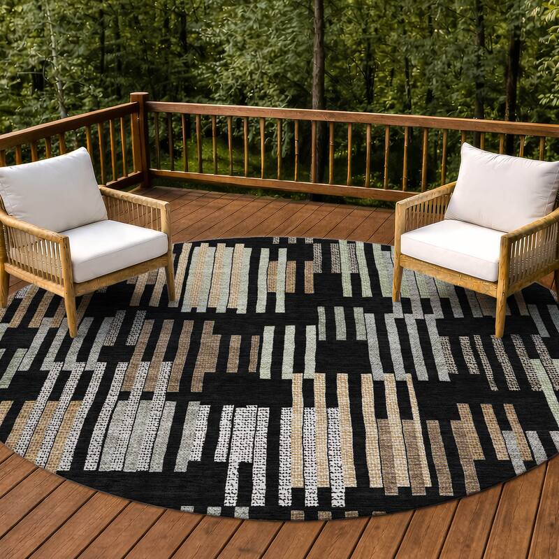 Machine Washable Indoor/ Outdoor Modern Pines Chantille Rug - Black - 8' x 8'