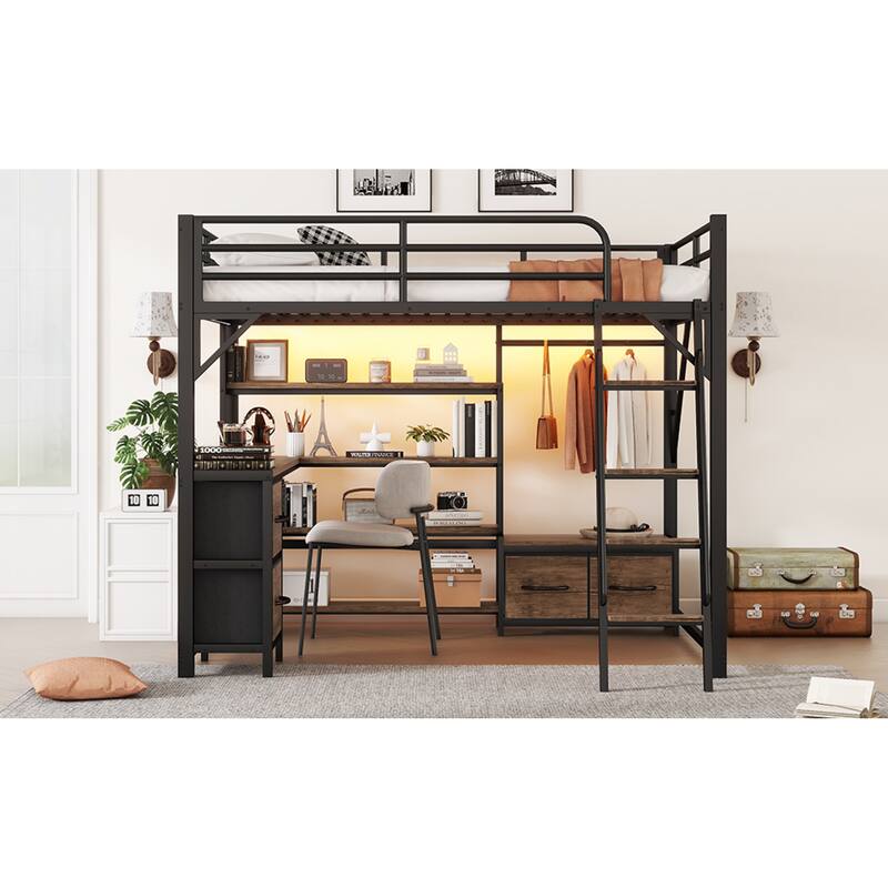 Roomfitters Full/Queen Loft Platform Bed, LED Charging Desk and Wardrobe Shelves with Metal Frame for Bedroom or Guest Room