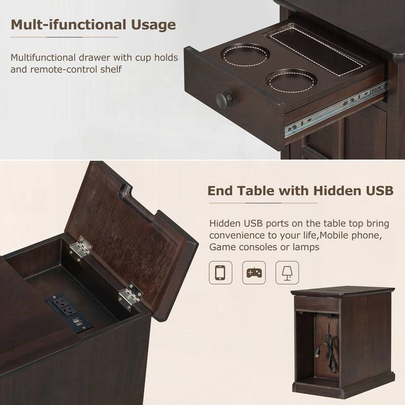 End Table Side Table with USB Ports and One Multifunctional Drawer with cup holders
