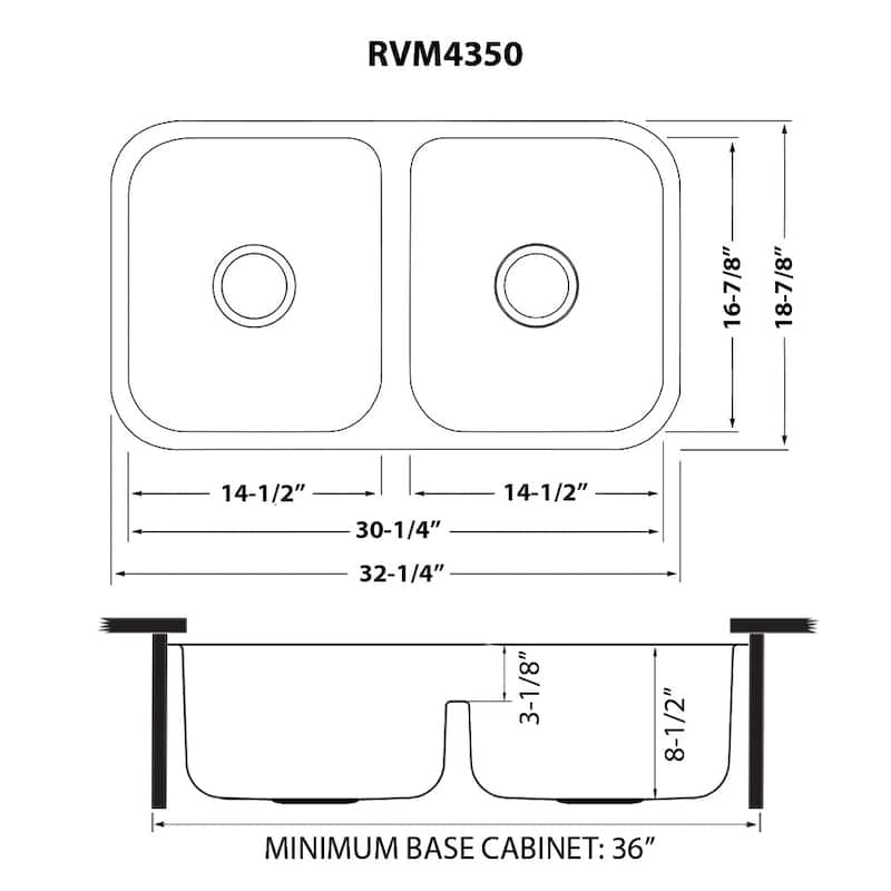 Ruvati 32-inch Low-Divide 50/50 Double Bowl Undermount 16 Gauge Stainless Steel Kitchen Sink - RVM4350 - 32-1/4″ x 18-7/8″
