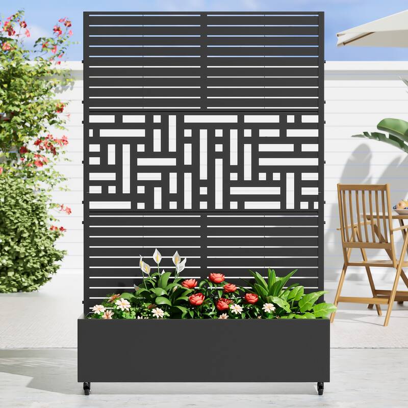 Metal Movable Planter Box with Trellis Privacy Screen Planter Box with Lockable Wheels