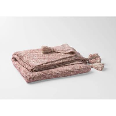Coral and White Chunky Tassel Cotton Grey Throw Blanket