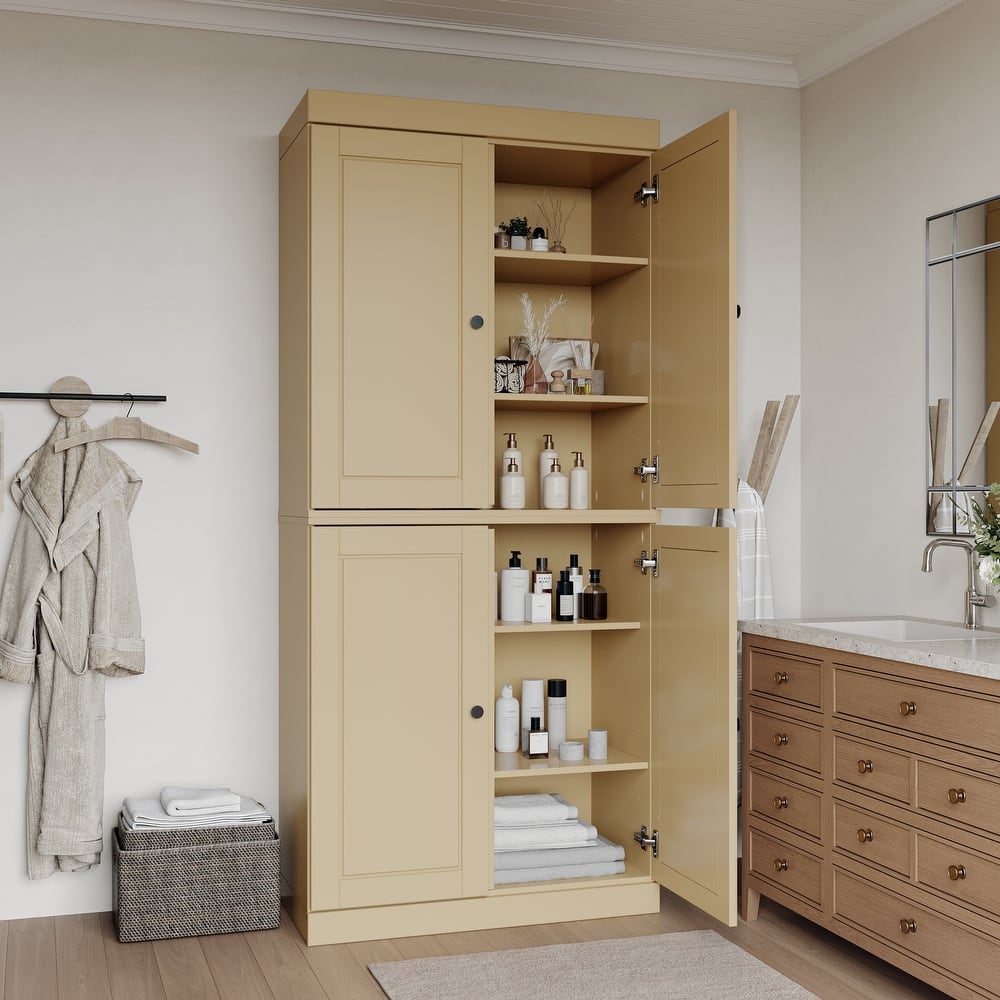 100% Solid Wood Tall Freestanding Bathroom Linen Cabinet with Doors, Adjustable Shelves, Modular Storage, 32" W x 71.5" H