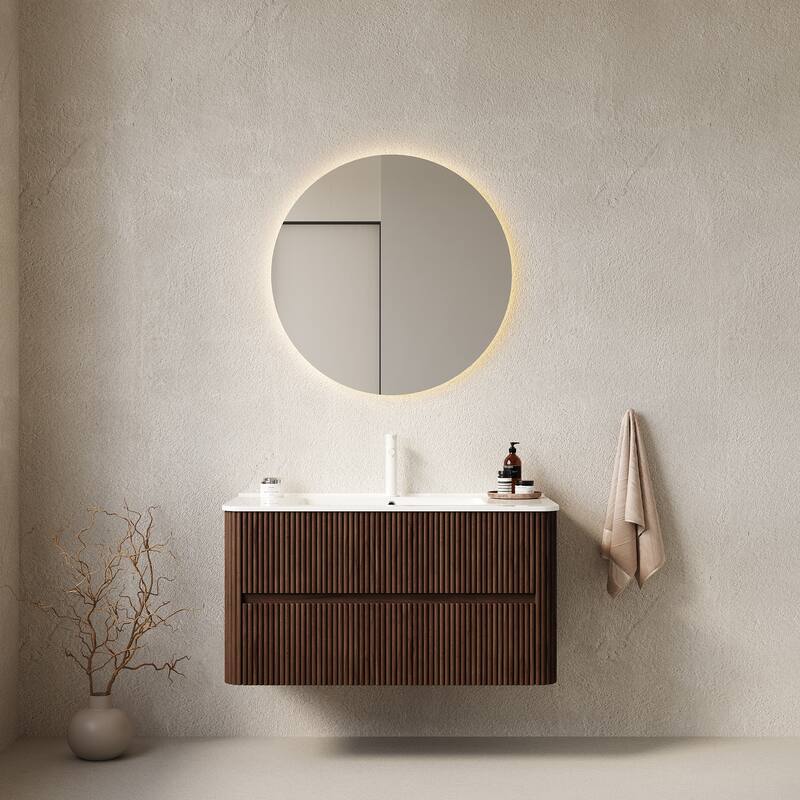 GDFStudio - Noor Modern Floating Bathroom Vanity with Dual Drawers & White Ceramic Basin, WITHOUT Faucet