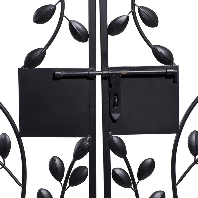 Black Metal Indoor Outdoor Scrollwork Arched Gate Garden Arbor with Vines and Latch Lock Closure