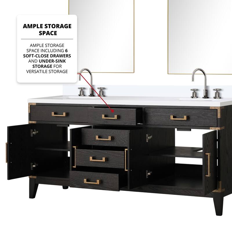 Laurel 60 in W x 22 in D Black Oak Double Bath Vanity, White Quartz Top, Faucet Set, and 28 in Mirrors