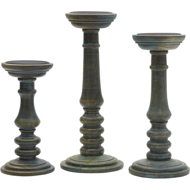 Elements Set of 3 Wood Candle Holders - Brown Teal Wash