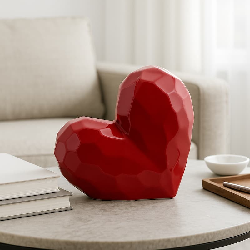 Modern Stone Ceramic Geometric Heart Sculpture - Red - 8" x 3.25" x 8"