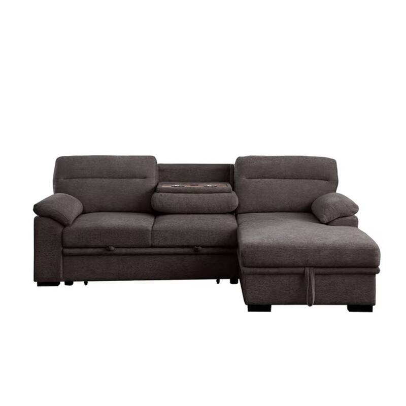 Geni Sleeper Sectional Sofa with Right Chaise, Brown, USB C Port