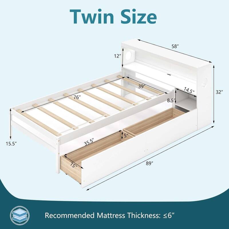Twin Wood Platform Bed Frame w/2 Drawers & Charging Station