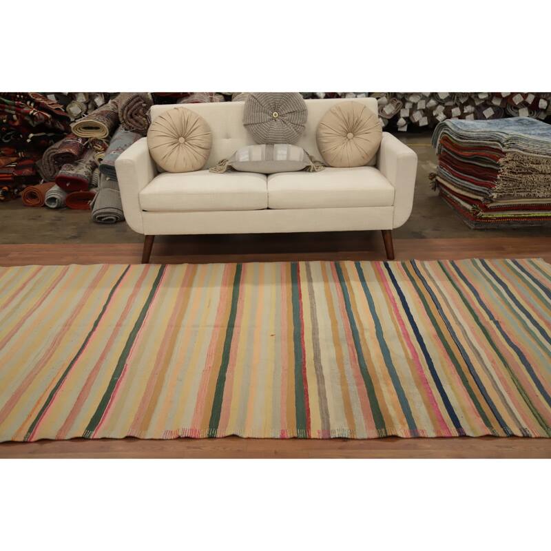 Hand Woven Oriental 100% Wool Carpet Southwestern Geometric Multi-Colored Kilim Area Rug - 10' 2'' X 5' 4''