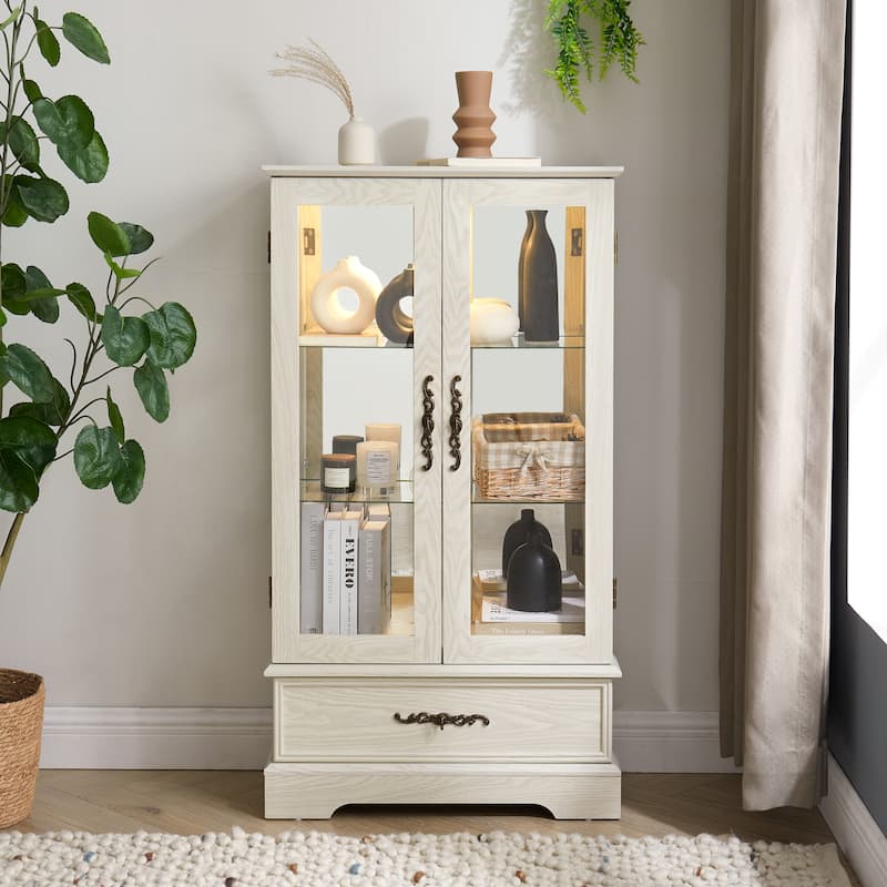 Roomfitters Retro Glass Cabinet Lighted Glass Cabinet Curio Display Cabinet with Adjustable Glass Shelves