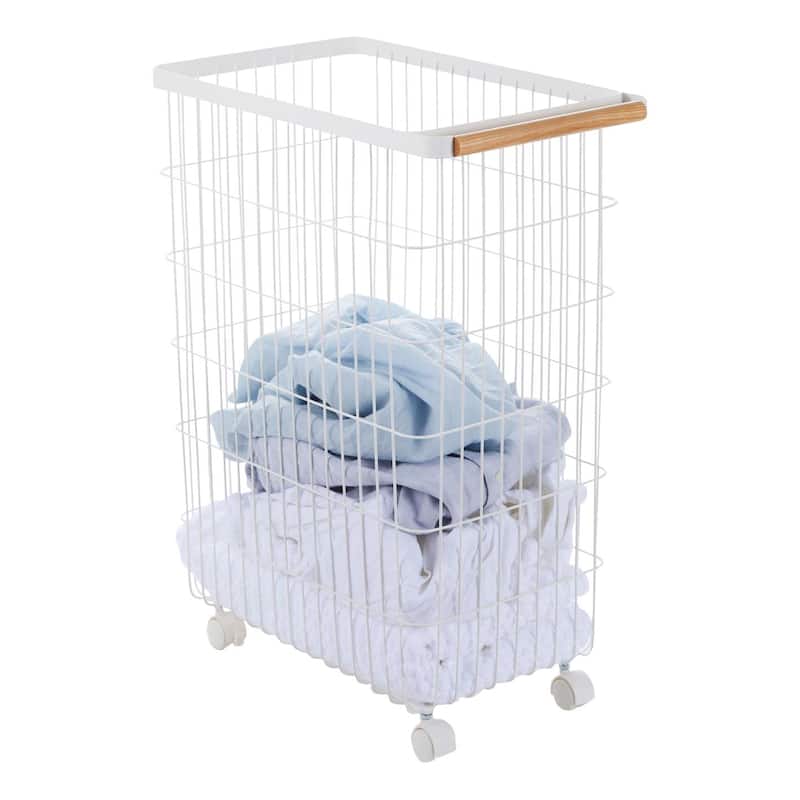Yamazaki Home Rolling Wire Basket, Steel and Wood, 14.5 gallons, 55L