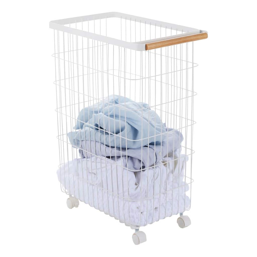 Yamazaki Home Rolling Wire Basket, Steel and Wood, 14.5 gallons, 55L, Holds 17.6 lbs - L 18.7 x W 11.02 x H 24.02 inches