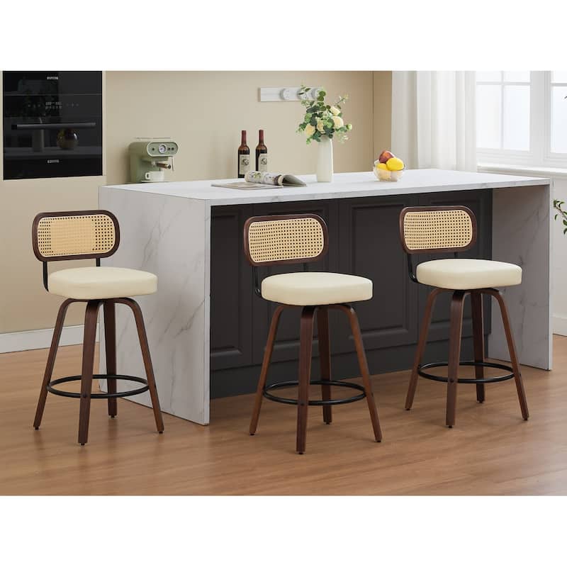 Set of 3 Counter Height Bar Stools - Rattan Counter Height Stools with Cane Back, Upholstered Seat, Swivel Counter Stools