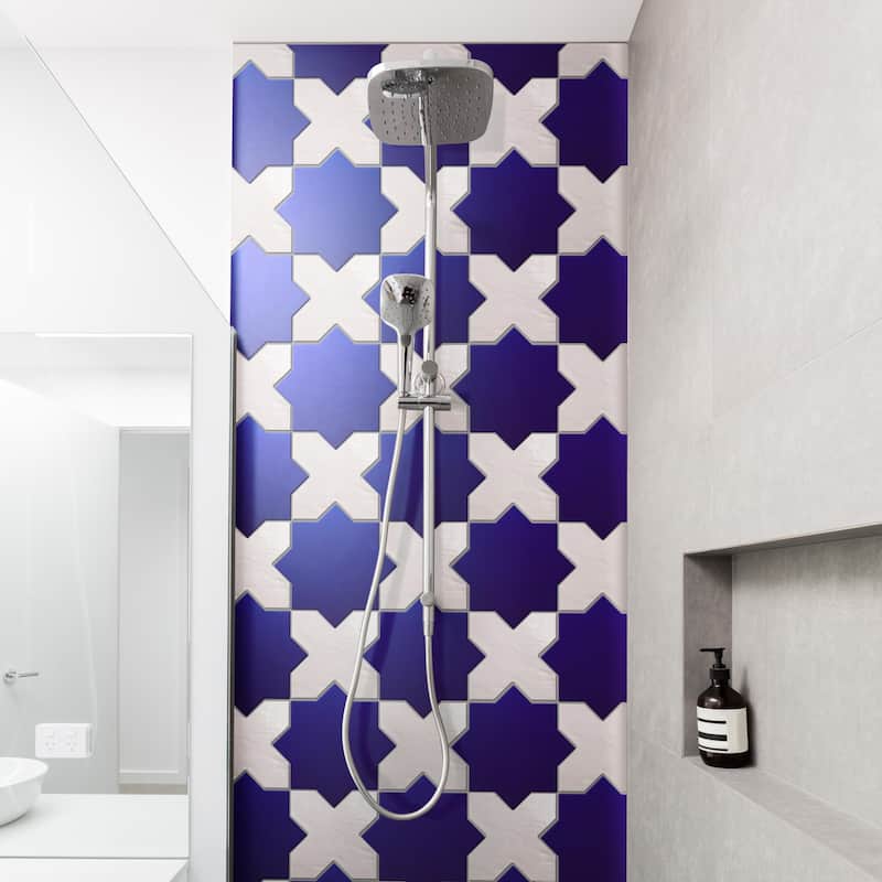 Merola Tile Argile Star Blue with Bianco Cross 7" x 14" Porcelain Floor and Wall Tile - Kit (2 Tiles)