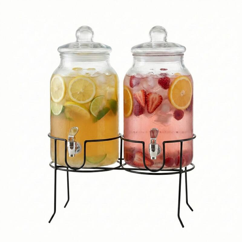 Rustic Home Beverage Dispenser Set/2 With Black Metal Stand