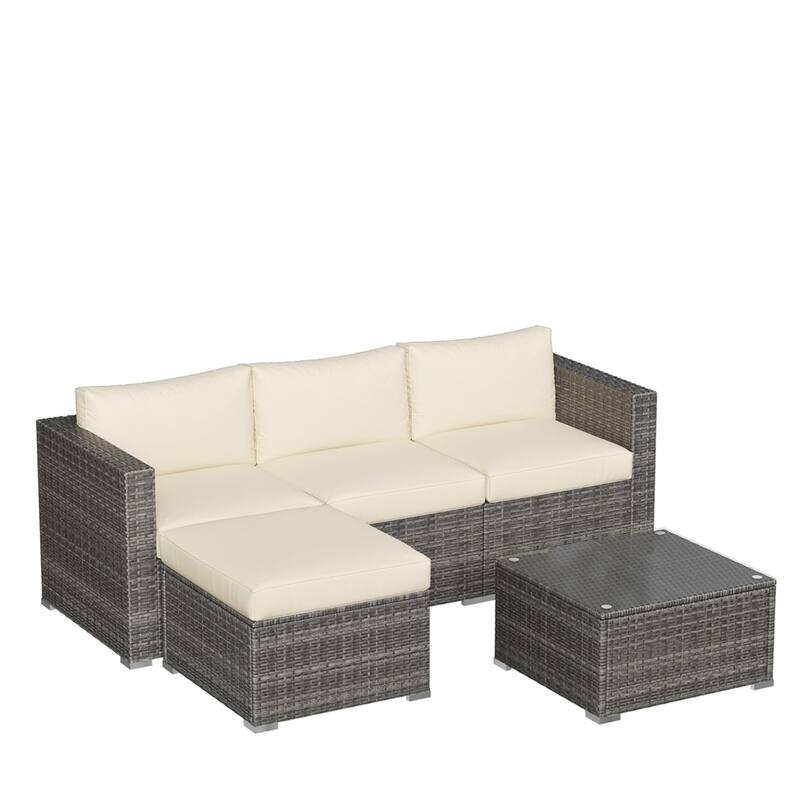 5-Piece Wicker Conversation Set with Beige Cushions and Glass Table