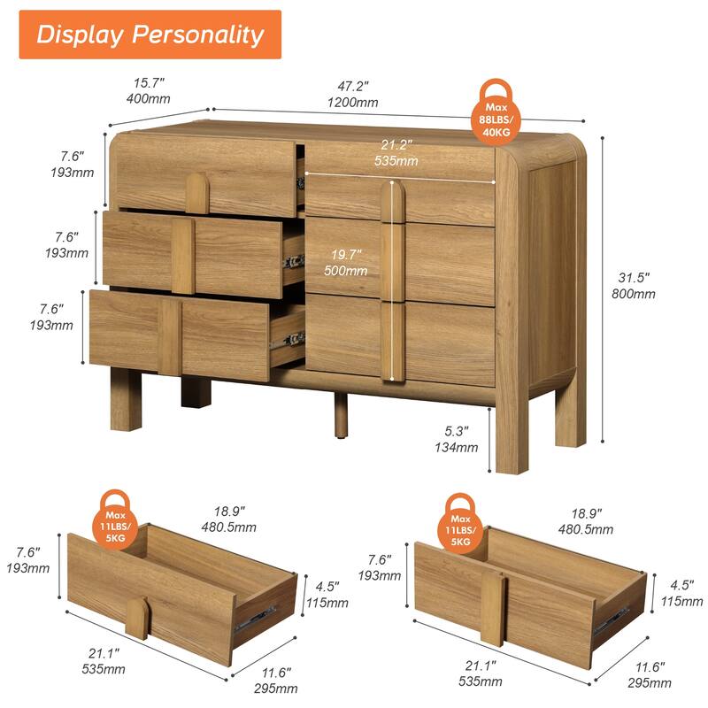 WAMPAT Modern 6 Drawer Dresser TV Stand For 55 Inch TV, Curved Entertainment Center, Wood TV Console With Storage