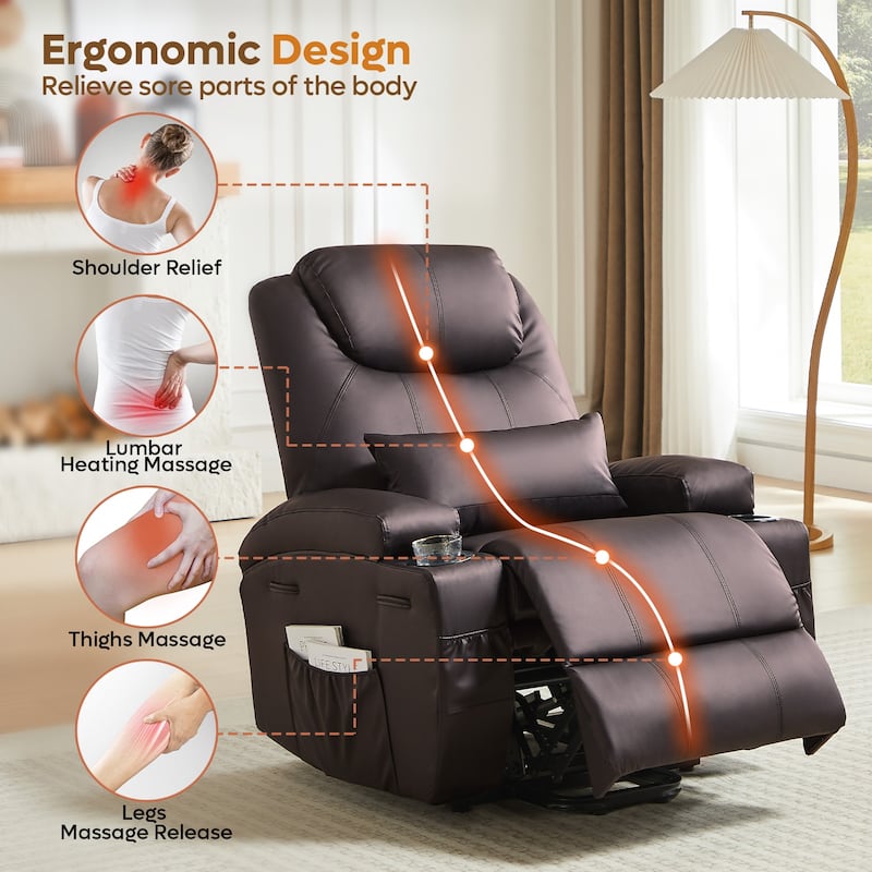 Bestier 34.6" Electric Power Lift Asist Recliner Chair with Massage and Heat,Fax Leather Reclining Chair with Side Pockets