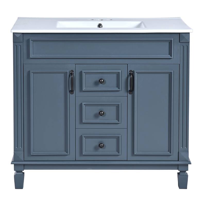 36-Inch Blue Bathroom Vanity with Ceramic Sink, Solid Wood Frame, Soft-Close Doors & Drawers