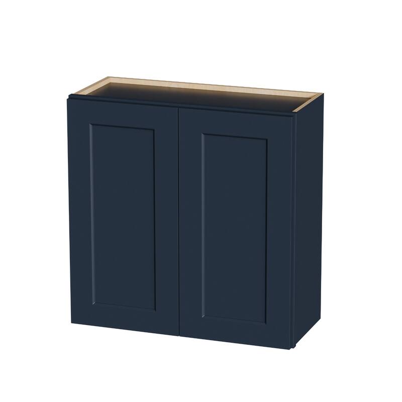 Navy Blue Shaker 30" Solid Wood Wall Cabinet, Soft Close Hinges, Adjustable Shelves, Double Door for Kitchen - Blue