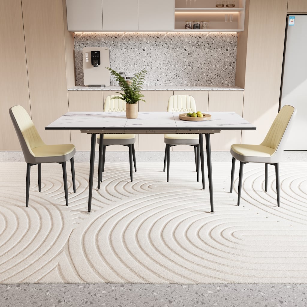5-Piece Extendable Dining Table Set with 4 PU Upholstered Chairs and Metal Legs for Kitchen