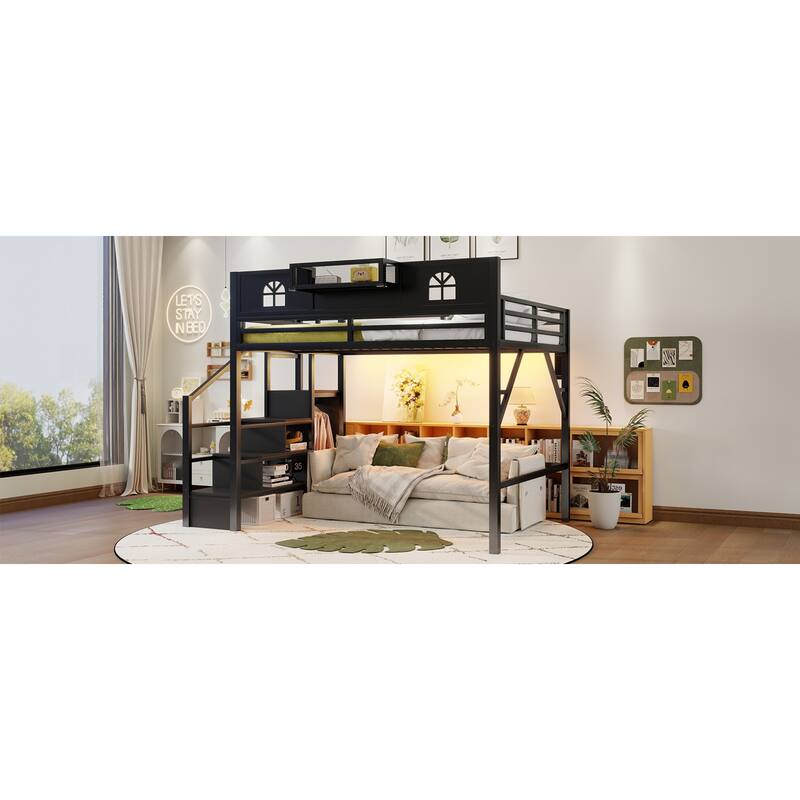 Roomfitters Full/Queen Metal Loft Platform Bed, Staircase Wardrobe and LED Charging Station with House Guardrails for Bedrooms