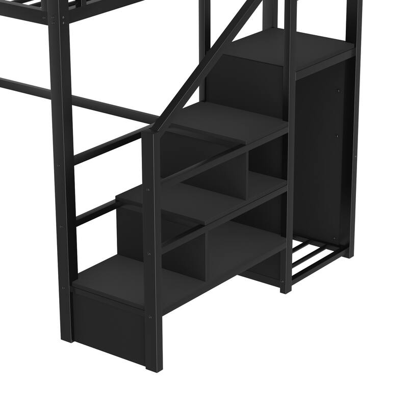 Roomfitters Full/Queen Metal Loft Platform Bed, Staircase Wardrobe and LED Charging Station with House Guardrails for Bedrooms