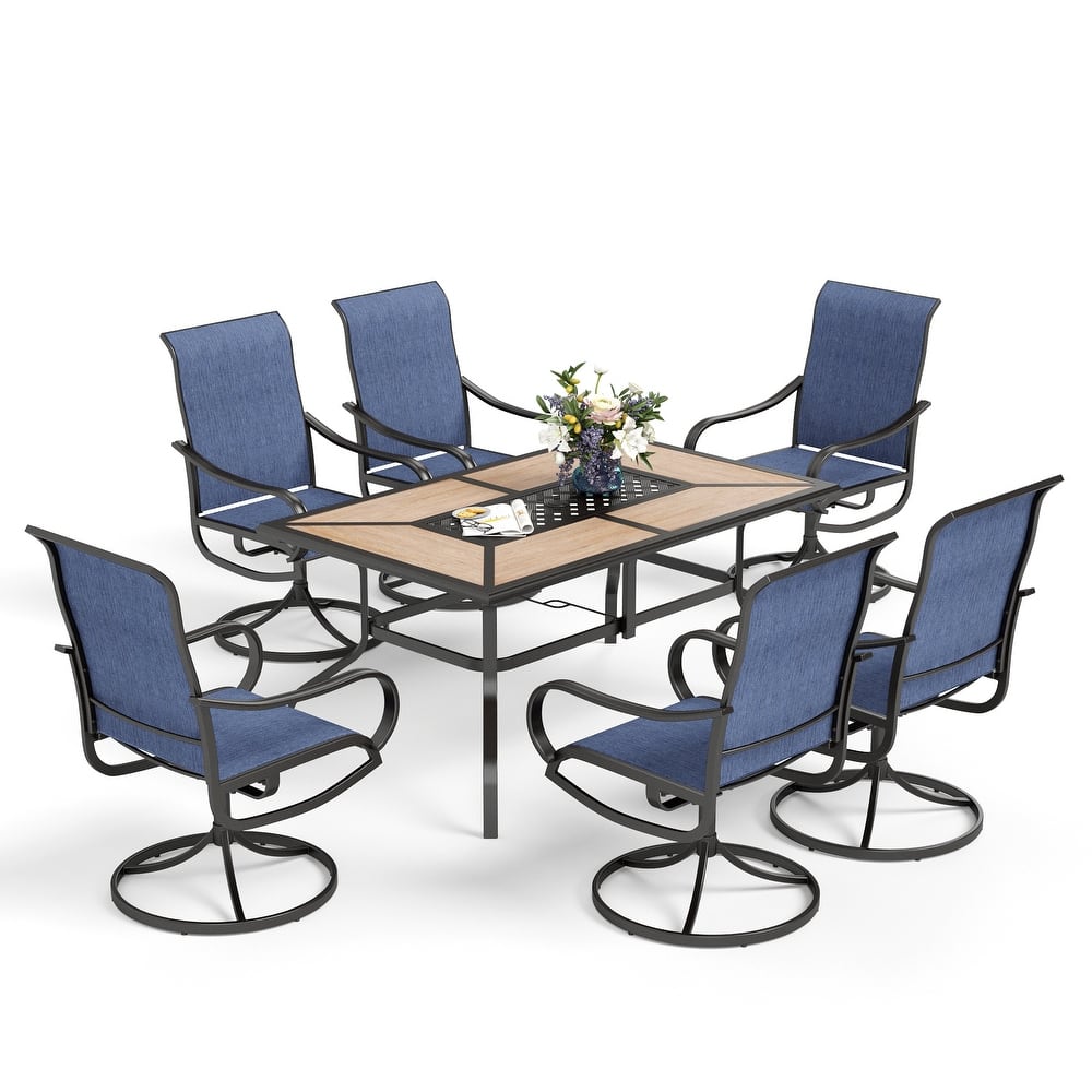 MAISON ARTS 7 PCS Outdoor Patio Dining Set with High Back Textilene Swivel Chair and a Wood Grain Table with Umbrella Hole