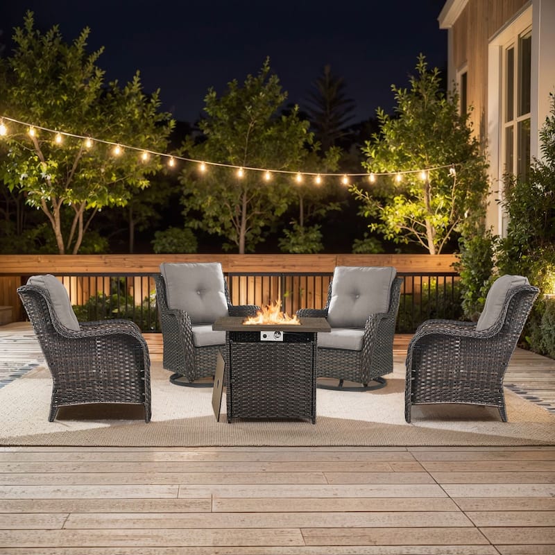 Pocassy 5 Pieces Outdoor Patio Chairs with Fire Pit Table - Brown Wicker Gray Cushion - 7 Pieces Chairs with Fire Table