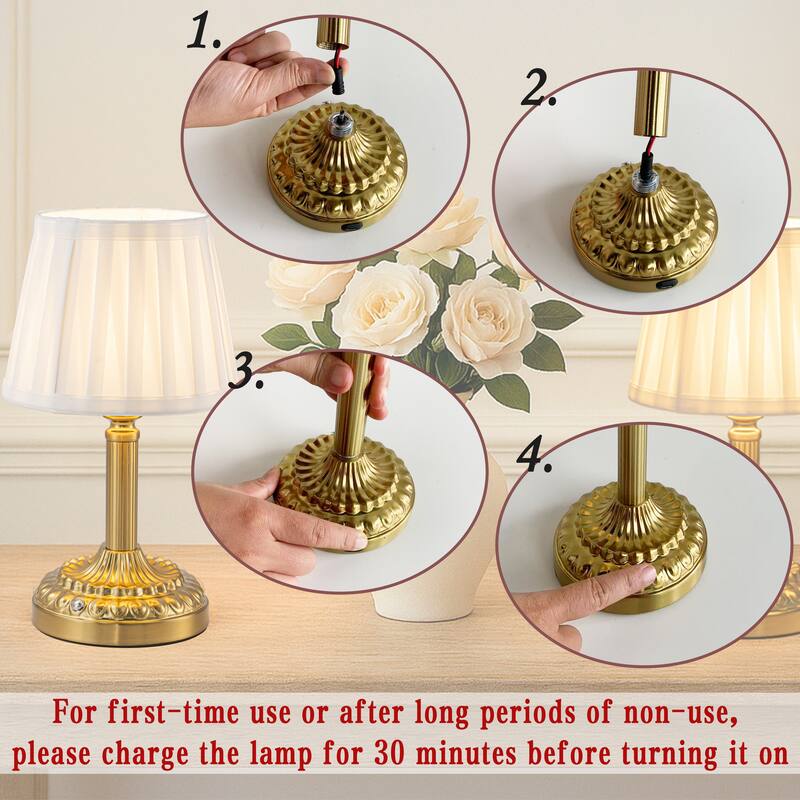 ALOADECOR Glam Cordless Brass Table Lamp Touch Control with 3 Way Classic Elegant Dimmable LED Nightstand Lamp with Fabric Shade