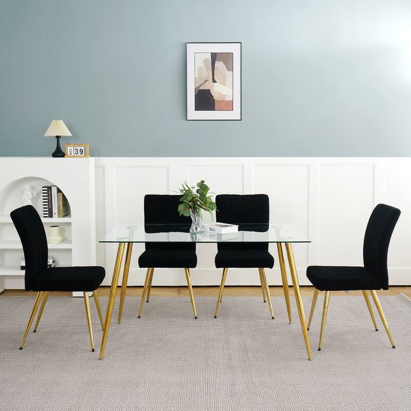Modern Black Teddy Wool Dining Chairs Set of 4, Upholstered Chair with Fabric Accent Side Chair, Side Chair with Gold Metal Legs